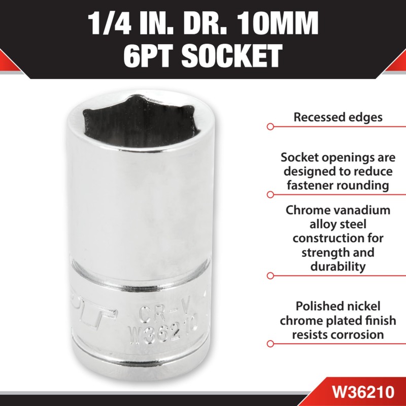 Performance Tool W36210 Chrome 1/4 Drive 6-Point Socket, 10mm