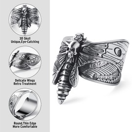 KIRTIJW Skull Rings for Men Stainless Steel Gothic Punk Biker Death's-Head Hawkmoth Rings Jewelry for Men Size 13
