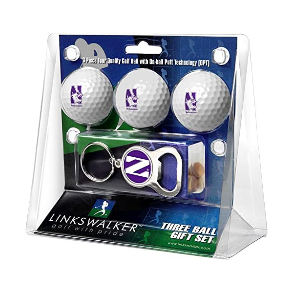 LinksWalker Northwestern Wildcats - 3 Golf Ball Gift Pack with Key Chain Bottle Opener