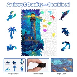 Leodozzio Wooden Puzzles for Adults, Lighthouse Wooden Jigsaw Puzzle 200 Pieces, 5mm Thick Unique Shaped Ocean Puzzle, Gift for Adults & Family, 8.8 x 11.7 Inch