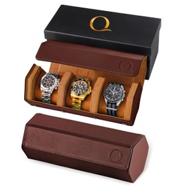 QWATCHBANDS Napa Leather Watch Rolls for Men - Hexagon Triple Watch Roll Travel Case for 3 Watches - Storage Organizer Genuine Leather with Velvet Interior Display (Brown/Tan)