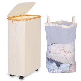 iEGrow 75L Slim Laundry Hamper with Wheels,Clothes Hamper for Laundry,Laundry Basket with Lid & Inner Bag,for Laundry Room, Bedroom, Dormitory Organization,Beige