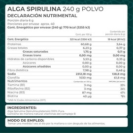 PRONAT  Alga Spirulina 100 Pura en Polvo, Suplemento Alimenticio, Bolsa con 240 gramos