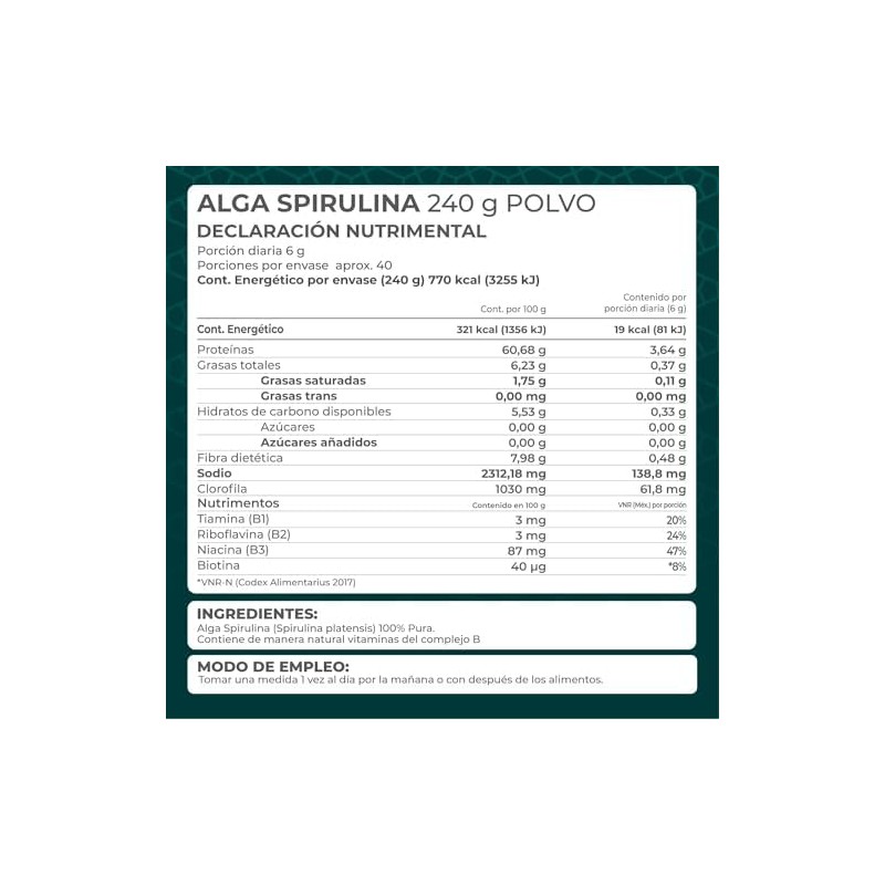 PRONAT Alga Spirulina 100 Pura en Polvo, Suplemento Alimenticio, Bolsa