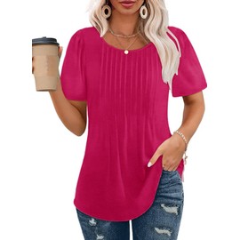 Summer Tops for Women 2024 Loose Fit T Shirts Puff Sleeve Cute Pleats Shirts Hot Pink XL