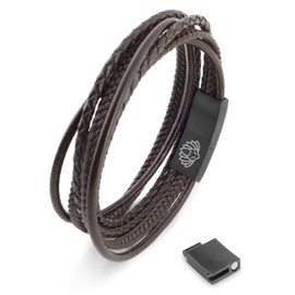 Akitsune Ambush Synthetic Leather Bracelet | Magnetic Clasp Stainless Steel - Wrap Bracelet Braided Mens Bangle Wristband | incl. Beautiful Jewelry Gift Box - Black-Brown - 39cm