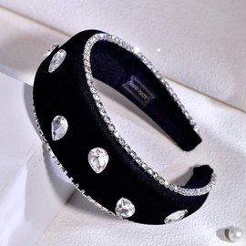 HNYYX Baroque Style Black Headband for Women, Non-slip Rhinestone Wide Head Piece, Thick Velvet Headband for Daily Hair Accessories