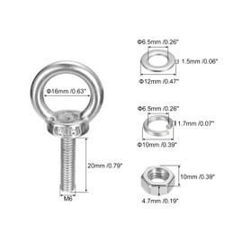 sourcing map Lifting Eye Bolt, 1 Set M6 x 20mm Eye Bolt with Nut Washer 304 Stainless Steel Shoulder Lifting Ring Eye Bolt for Hanging Item