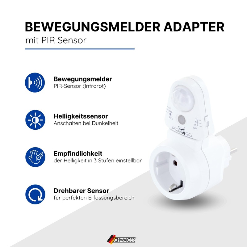 SCHWAIGER 661552 Intermediate Socket PIR Motion Sensor Socket Adapter Light