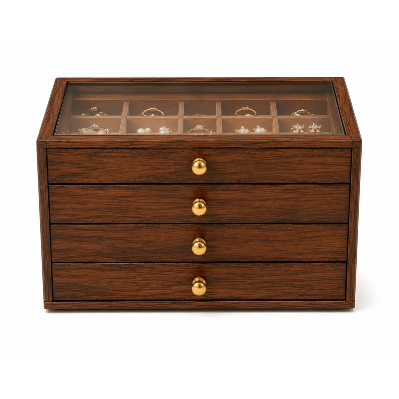 Wooden Jewelry Box Transparent Window Rings Necklace Storage Organizer Box