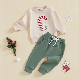 MAHUAOYIXI Toddler Boys Christmas Outfits Candy Cane Embroidery Long Sleeve Crew Neck Sweatshirts with Drawstring Pants 2Pcs Tracksuits Baby Boys Christmas Clothes (Khaki, 6-12 Months)