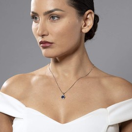 PEORA Created Blue Sapphire Cirque Solitaire Pendant Necklace for Women Sterling Silver, 1 Carat Round Shape 6mm, with 18 inch Italian Chain, Sparkling Blue Sapphire Necklace, Jewelry Gift