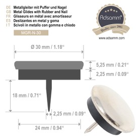 Adsamm® / 16 x Glides in metal with nail and rubber cushion | Ø 1,18'' (Ø 30 mm) | silver | round | Premium quality furniture sliders with nail and bumper by Adsamm®
