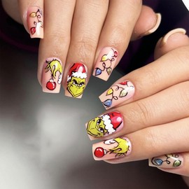 Christmas Nude Press on Nails Short Square Cute Fake Nails with Cartoon Colorful Lights Design Green Full Cover Artificial Glue on Nails Winter Holiday Artificial Nails Stick on Nails for Women DIY