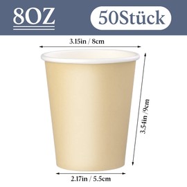 Deudy Pack of 50 Paper Cups, Paper Drinking Cups, 227 ml, 8 Oz, Paper Drinking Cups, Disposable Paper Cups, Organic Disposable Cups, Party Cups, Stable to Go, for Serving Coffee, Tea, Hot Drinks