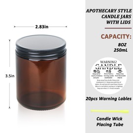 MILIVIXAY 20 Pack 8 OZ Thick Glass Dark Amber Candle Jars with All Black Metal Lids-Bulk Empty Candle Jars for Making Candles-Canning Jar for Spice, Liquid, Sample- Dishwasher Safe.