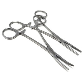 Set of 2 Curved + Straight Kelly Hemostat Forceps with Half Serrated Jaws Made of Stainless Steel 5.5" Long Locking Clamps