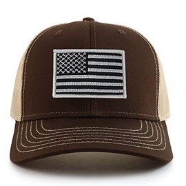 Armycrew Black Grey American Flag Patch 6 Panel Oversized XXL Two Tone Mesh Back Trucker Cap - Brown Khaki