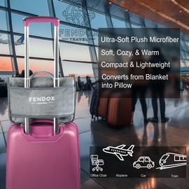 Fendox Travel 2-in-1 Travel Blanket and Pillow – Lightweight, Compact, Ultra Soft, Machine Washable – Handle, Luggage Sleeve, Backpack Clip – for Travel Airplane, Car, Office (Gray)