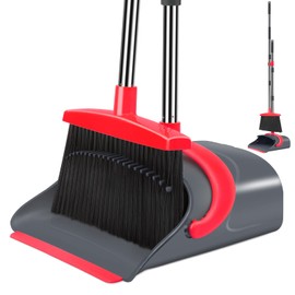 Broom and Dustpan Set,Broom with Dustpan Combo Set Dust pan with Long Handle, for Home Kitchen Room Office Lobby Floor Use Upright Stand Up(Gray&Red)