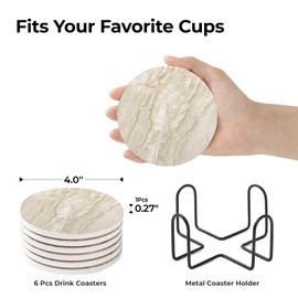 LIFVER Coasters Set of 6 Absorbent Drink Coasters with Holder, Marble Style Ceramic Thirstystone Coasters for Home Decor Coffee Table Protection, 4 Inches Suitable for Kinds of Cups Housewarming Gift