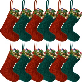 Pack of 12 Mini Knit Christmas Stockings 6 Inch Knitted Xmas Stockings Family Stockings Holiday Hanging Stockings Cable Knitted Stocking Gifts Decorations for Fireplace Tree Decor (Burgundy and Green)
