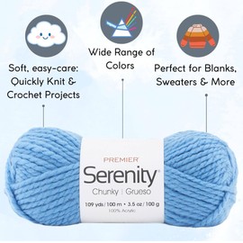 Premier Yarns Serenity Chunky Solid Blue Sky 700-46 (3-Skeins - Same Dye Lot) Chunky Bulky #5 Acrylic Yarn for Crocheting and Knitting - Bundle with 1 Artsiga Crafts Project Bag