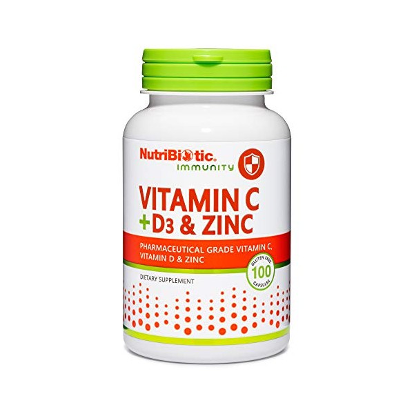 NutriBiotic – Vitamin C + Vitamin D3 & Zinc, 100 Capsules | Potent, Comprehensive Immune Support | Essential & Antioxidant Daily Supplement | Gluten & GMO Free