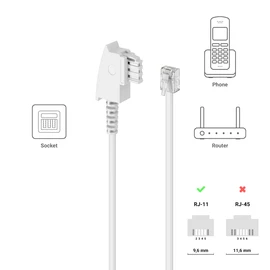 deleyCON 6 m Telephone Cable, TAE-F Plug to RJ11 Plug, Int. Standard, 6P4C Flat Cable for Analogue Devices to TAE-F Telephone Socket, Telephone, Fax, Modem, Router, Answering Machine, White