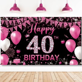 PHXEY Fabric 40th Birthday Banner Backdrop Hot Pink, Happy 40th Birthday Decoration for Women, 40 Year Old Birthday Party Yard Sign Photo Props Decor Supplies, Indoor Outdoor(6.1 x 3.6ft)
