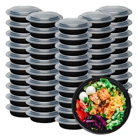 Klex 16 Oz, 150 Sets Meal Prep Containers with Airtight Lids, BPA Free, Reusable Plastic Food Container, 16 oz, Round, Black/Clear, 150 Sets