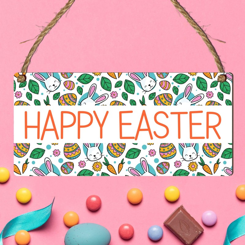 Happy Easter Vibrant Wooden Rectangle Plaque - Easter-Themed Decor for
