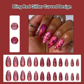 ANDGING Bling Red Press on Nails Almond Short Medium Fake Nails with Glitter Curved Designs Glue on Nails for Women Classy Acrylic Stick on Nails for Wedding Gel False Nails Manicure Pressons Nails