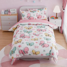 SANDJEST Butterfly Twin Bedding Sets for Girls, Ultra Soft Microfiber Comforter Set with 3-Pieces, Bed Sets for Kid Tween Teen Bedroom Decor