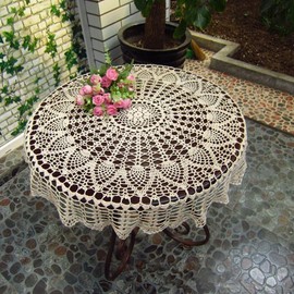 USTIDE Handmade Crochet Tablecloth 100% Cotton Soft Table Cloth Romantic Floral Lace Tablecloth Little Round Crochet Table Overlays Coffee Tea Table Doillies 80cm, Beige