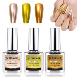 U-Shinein 3 Colors Metallic Gel Nail Polish Set, 3x7ml Chrome Metal Gel Polish with Mirror Shine Effect, Upgraded Long-Lasting Bright Metallic Nail Gel Soak Off UV/LED DIY Nail Art Manicure - Set 03