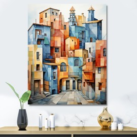 DesignQ Cubism Wall Art, Multicolored Cubist Cityscape, Cubism Large Wall art decor, Blue Canvas wall art, 12x20 inches