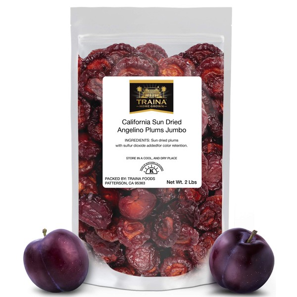 Traina Home Grown Jumbo California Sun Dried Angelino Plum Halves, Deep Violet Color, Chewy, Tangy - No Sugar Added, Non GMO, Gluten Free, Kosher Certified, Vegan, Packed in Resealable Pouch (2 lbs)