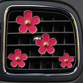 Daisy Air Vent Clips, 4 Pcs Cute Flower Car Air Conditioning Outlet Clip Car Air Freshener Clip Charm Car Inter Decor Accessories for Women (Rose Red)