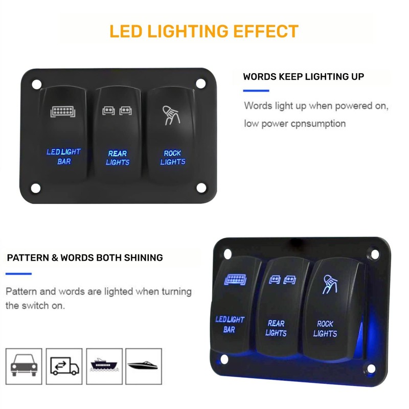 3 Gang Rocker Switch Panel Aluminum Pre-Wired Toggle Dash 5