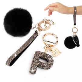 Crystal Bling Sparkly Initial Letter Keychain Women Glitter Rhinestone Keychain Accessories Car Bag Backpack Purse Charms Cute Pom Pom Key Chains Wristlet Keychains Decorations (P keychain black)