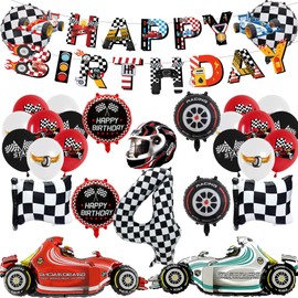 Race Car 4th Birthday Decorations - Boy Racing Car Themed Balloons Banners Decoration Happy 4th Birthday Banner Racing Helmet Tire Checkered Flag Foil Balloons for Boy Girl Birthday Party Supplies