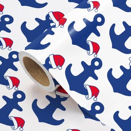 WRAPAHOLIC Nautical Anchor Christmas Wrapping Paper - Mini Roll - 17 Inch x 16.5 Feet - Santa Hat Anchor Nautical Wrapping Paper for Christmas, Baby Shower, Holiday, Party Celebration