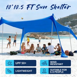 AMMSUN Beach Tent Sun Shelter, 10x10.5 FT Beach Canopy Tent Sun Shade with 4 Sand Anchor & Sand Bags | UPF 50+ Protection | 4 Thickened Poles | Windproof & Lightweight for Camping, Blue