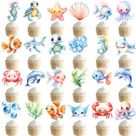 48Pcs Sea Animal Cupcake Toppers Ocean Sea Animal Birthday Party Decoration Under The Sea Cupckae Toppers for Ocean Sea Theme Birthday Baby Shower Supplies Under The Sea Party Decorations