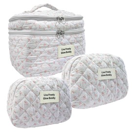 ZERFLUMP 3Pcs Large Travel Quilted Makeup Bag, Double Layer Cute Floral Cotton Toiletry Bag, Aesthetic Flower Cosmetic Bag Coquette Skincare Organizer Bag for Wome (74-PinkFloral)