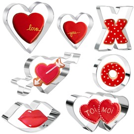 Valentine's Day Heart Cookie Cutter Set - 7 Piece Valentine Stainless Steel Cookie Cutters Mold Heart, Lips, Heart with Arrow, Double Heart, X and O for Couple Party Dating