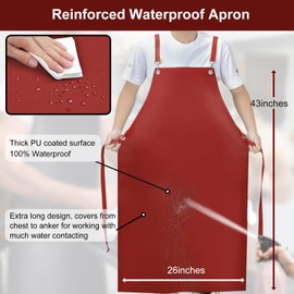SHEOMERN Waterproof Rubber Aprons for Women, Heavy Duty Vinyl Dishwasher Apron Adjustable Cross Back Strap for Dishwasher, Butcher, Dog Grooming, Chemical Resistant, 43" Long Thicker Apron Red