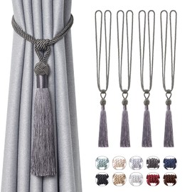 Pretty Jolly 4 Pack Long Tassel Curtain Tiebacks Handmade Braided Rope Knot Drape Tie Backs European Style Decorative Curtain Holdbacks for Home & Office Window Drapery (Dark Grey)
