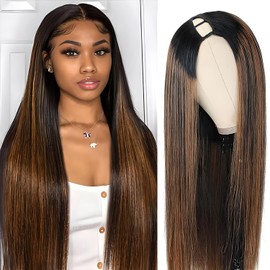 FB30 U Part Wigs Human Hair For Women Upgrade Highlight Ombre Brown U Part Human Hair Wigs Beginner Friendly No Sew In No Leave Out No Glue U Part Human Hair Wig With Drawstring 200% Density (30inch)